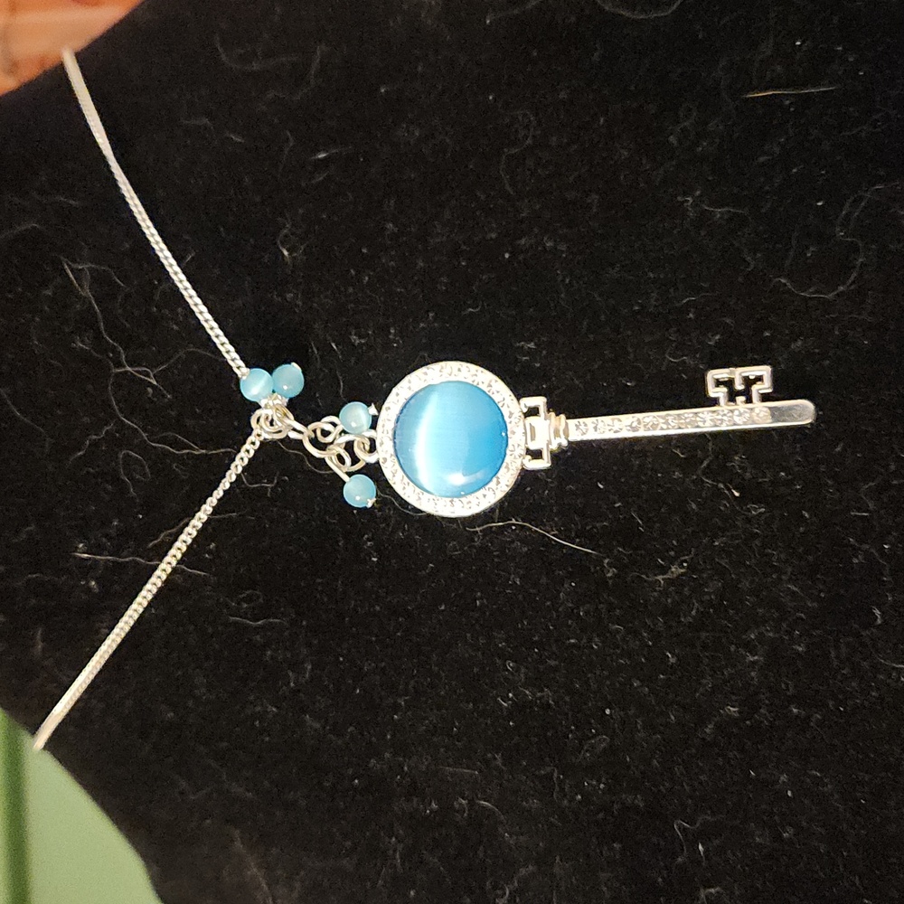 5/$12 Jewlery New Blue Moonstone w/ White Rhinestone Key Pendant Necklace